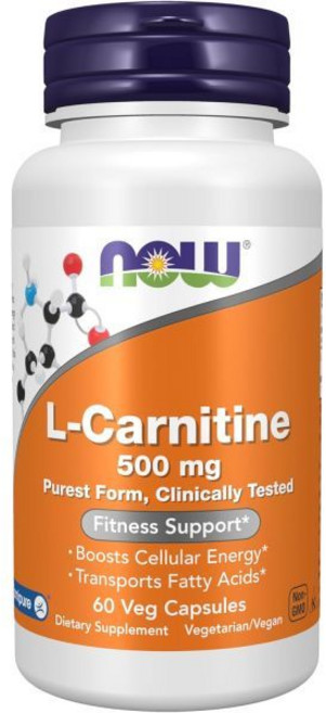 NOW 식품 보충제 L-카르니틴 500mg 퓨어스트 폼 아미노산 피트니스 지원* 60가지 채소 캡슐, 60 Count (Pack of 1)