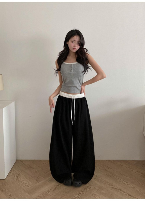 부기샵 링거 쿨링 바스락 와이드 배색 밴딩 봄 트레이닝 팬츠