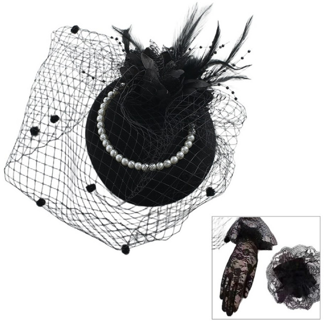 경성 코스프레 개화기 모자 망사 헤어장식 장갑포함, 1개, 블랙