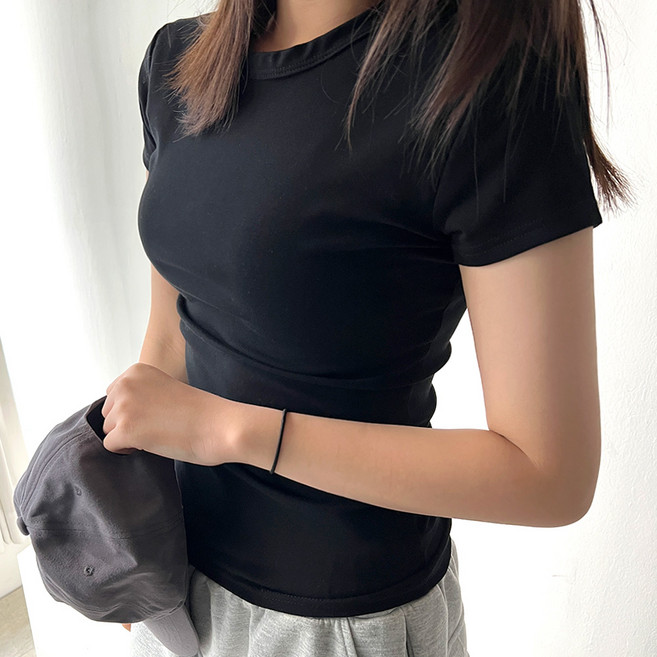 네모엔룩 탄탄코튼슬림 여성용 기본 슬림핏 이너 레이어드 여리 라운드넥 반소매 티셔츠