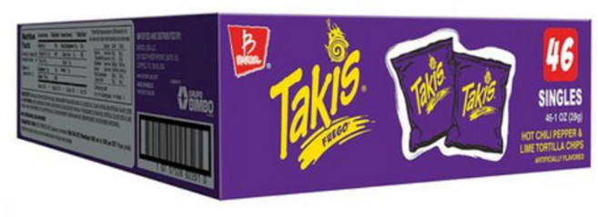 Takis 타키스 28 g 46봉 푸에고 플레버 크런치 롤드 토르티야 칩 Fuego rolled corn tortilla with an intense chili and lime, 1개, 1g