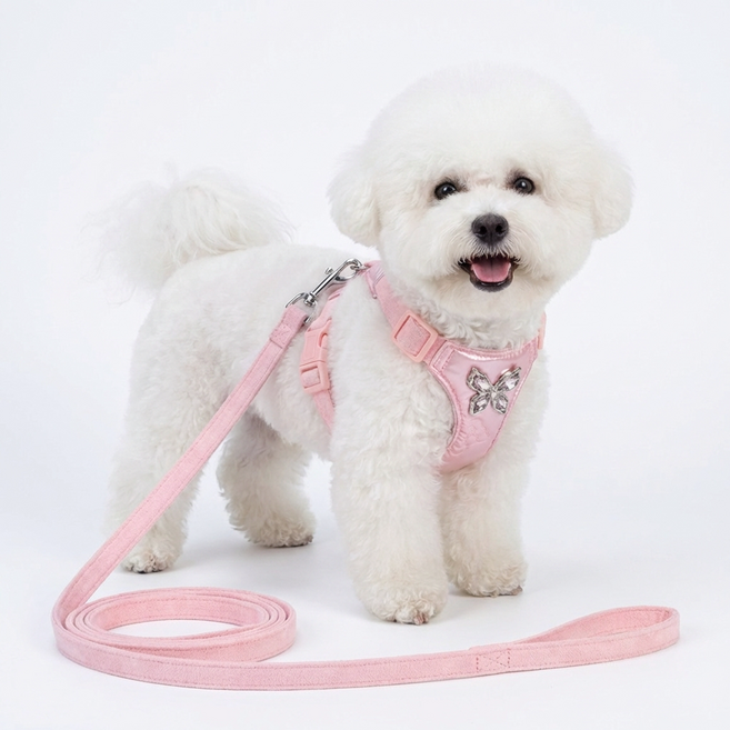 소형견용-메탈 리본 강아지 하네스+리드줄 세트-산책+포인트룩, 핑크색