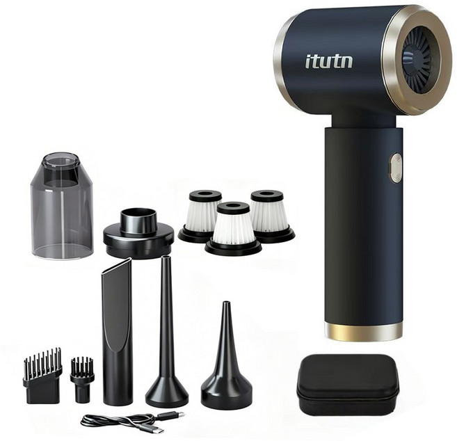 itutn 無線車用吸塵器，輕巧便攜，強勁吸力，多功能清潔配件, 黑金色, 吸吹兩用-豪華版