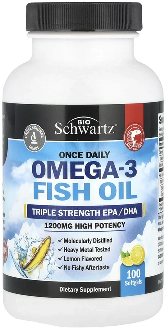 새해 첫좋은선물 BioSchwartz 하루 한 번 복용 오메가3 피쉬 오일 3배 강도 고효능 레몬 1200mg 소프트젤 100정 제대로 할인합니다, BioSchwartz하루한번복용오메가3피쉬오일3배강도고, 1개 - 쿠팡