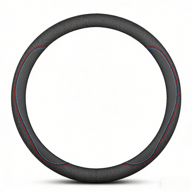 자동차 핸들 커버 가죽 미끄럼 방지 사계절 공용, 레드 블루 스티치