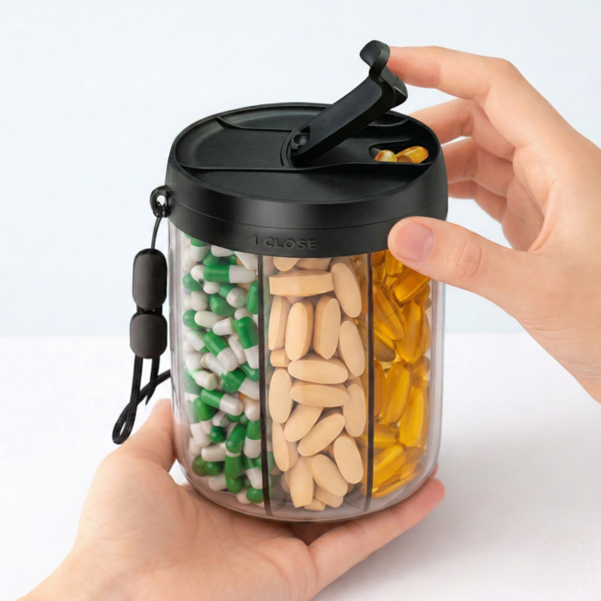 [올인원 휴대약통] 스핀캡슐 영양제 소분 케이스 일주일 약통 정리함, 1개, 블랙 대