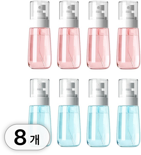 투데이리빙 8개입 세트 화장품 펌핑 공병 60ml + 미스트 용기 60ml 여행용 투명 크림통 스킨 로션 향수 소분통 휴대용 보관통 스프레이 펌프 디스펜서, 8개, R98592B(블루+핑크