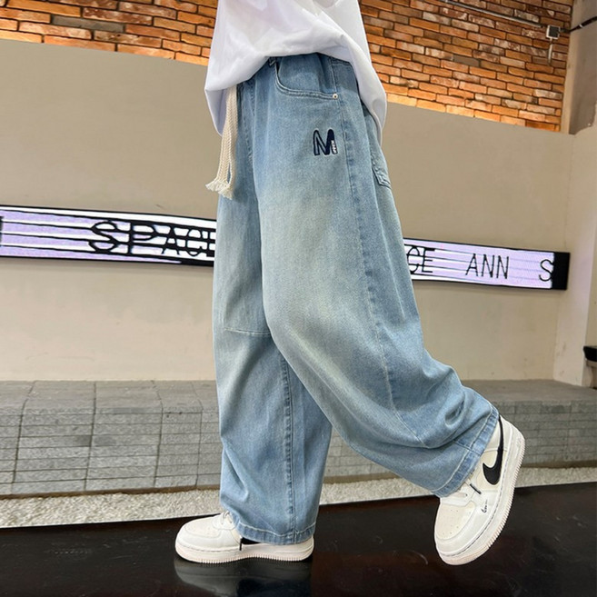 AA3986 남아 주니어 초등 키즈 아동 여름 봄 가을 얇은 자외선 차단 면 혼방 청 데님 통기성 조거 카고 긴바지 팬츠