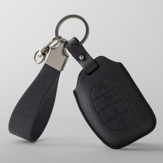 [각인무료]현대 호환 캐스퍼 아이오닉 LF쏘나타 아반떼 AD MD 뉴투싼IX 올뉴투싼 뉴라이즈 신형i40 호환 스마트키 가죽케이스 키링 키홀더, 현대B타입(각인가능), 에보니그레이(금속 실버)