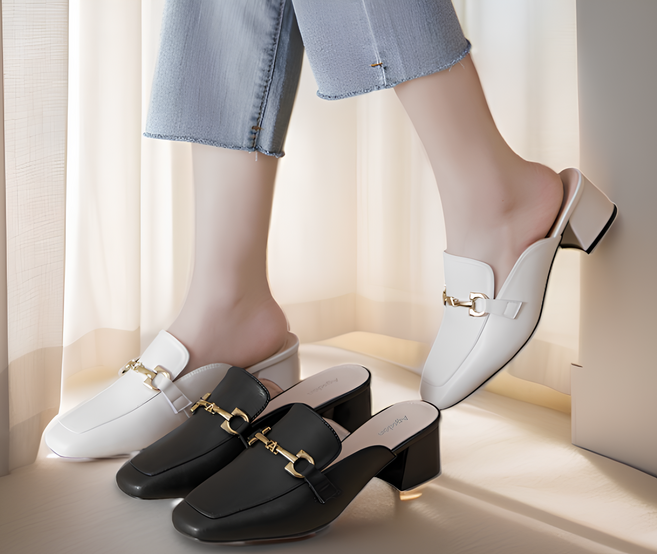 한민 큐빅 온 여성 가죽 골드금속체인 뮬 블로퍼