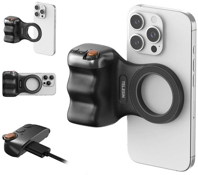 TELESIN Fun Shot 마그네틱 폰 카메라 DSLR 스타일 셔터 그립 Magsafe 아이폰 및 안드로이드용 탈착식 무선 버튼 포함 - 공식 그립 편안한 인체 공학적 핸, 블랙