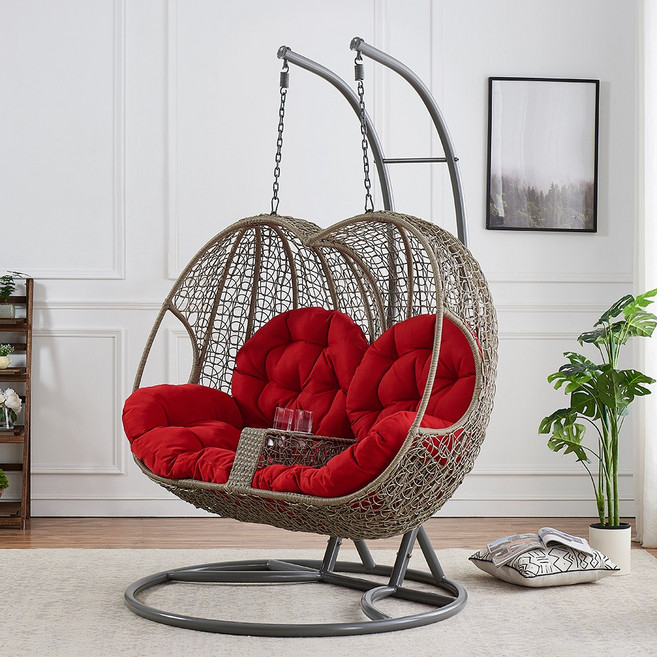 수오 여유안 2인 감성인테리어 카페 라탄 흔들 그네의자 컵홀더 안락의자(SO_2915) 흔들의자, 레드