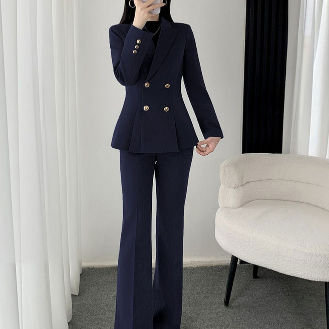 FANSYLI 여성 정장 세트 심플 슬림 정장 재킷+바지 투피스 고급 결혼식 하객룩 봄가을 정장 아우터 하이웨이스트 나팔바지 세트 오피스룩 면접룩 X2601J23