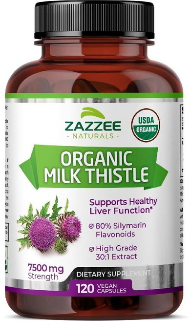 Zazzee USDA 유기농 밀크 엉겅퀴 30:1 추출물 7500mg 농도 비건 캡슐 120개 실리마린 플라보노이드 80% 표준화 및 농축 30X 추출물, 1개, 120