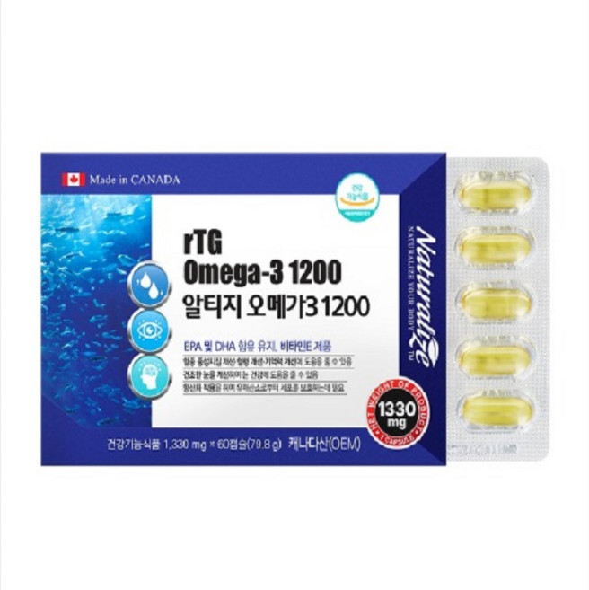 내추럴라이즈 알티지오메가3 1200 r-TG Omega-3 EPA DHA 1330mgX60캡슐X1통, 3개, 60회분