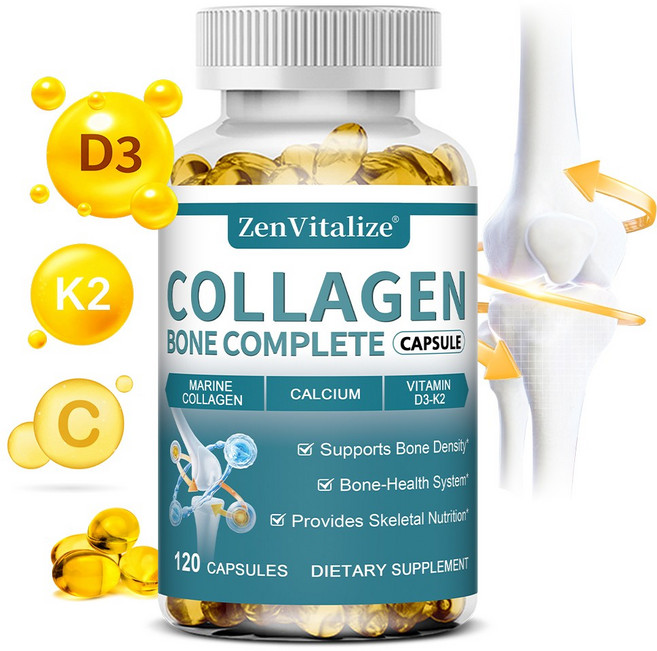 뼈 건강 복합 콜라겐 캡슐 - 마린 콜라겐 칼슘 비타민 D3 K2 함유 - 골밀도와 관절 건강 지원, 1개, 60회분
