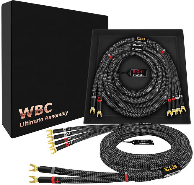 세계 최고의 케이블 12피트 얼티밋 - 7AWG - 울트라 퓨어 OFC - 엑스트라 프리미엄 오디오필 하이파이 바이 와이어 스피커 케이블 쌍과 엠리언스 골드 스페이드 플러그 및
