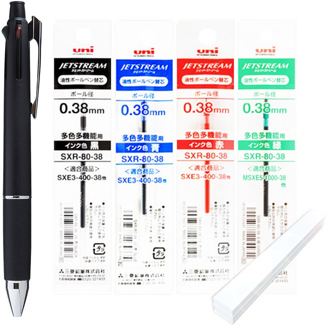제트스트림 선물 포장 + MSXE5-1000-38 4&1 멀티펜 1개 + SXR-80-38 다색 리필심(흑청적녹 1개씩), 4&1 0.38 블랙1개/멀티리필심(흑청적녹1개씩)