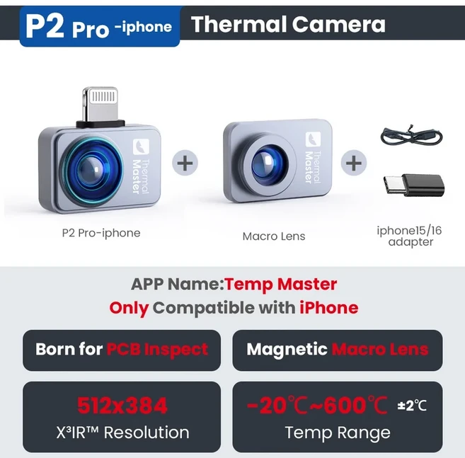 P2Pro 열 화상 카메라 자기 매크로 렌즈 15X 줌 적외선 전화 PCB HVAC 검사 및 수리 가제트, 02 P2PROios-kit