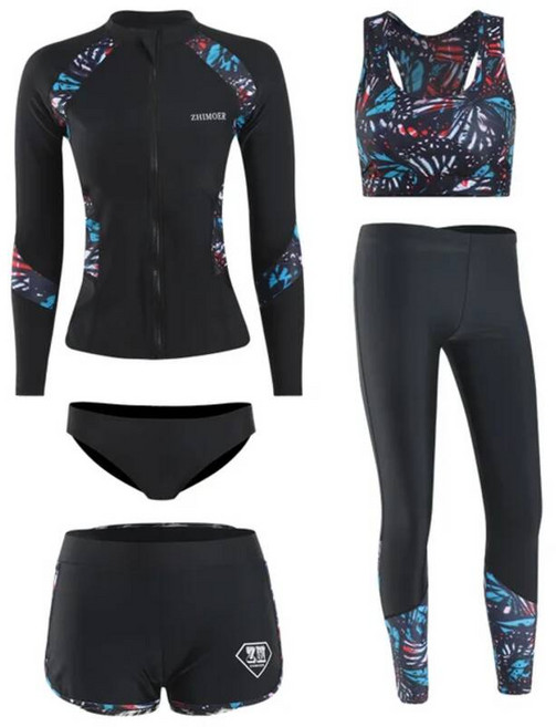 여성 집업 여자 래쉬가드 브라탑 긴 소매 래쉬 가드 프린트 수영복 지퍼 서핑 패드 롱 팬츠 커플 남성 3 피스 5 피스/세트