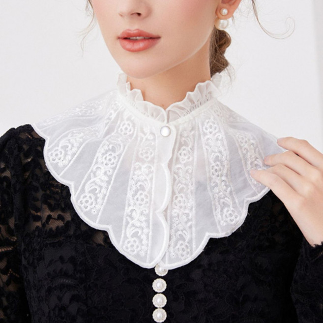 여성 클래식 레이스 프릴 가디건 니트 레이어드 하이넥 페이크 카라 넥케이프 F677