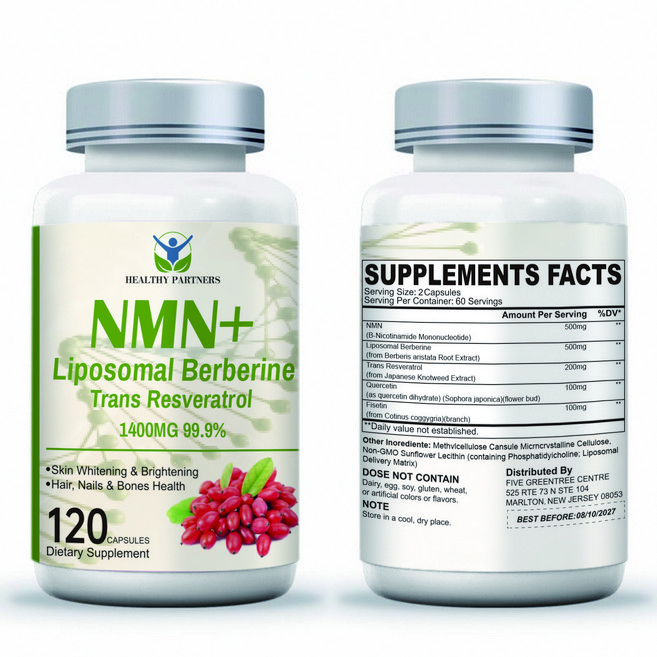 HEALTHY PARTNERS NMN+리포좀 매자나무 알칼로이드성분 베르베린 트랜스 레스베라트롤 피세틴 퀘르세틴 1400mg 고순도 99.9% 니코틴아미드 NAD, 1개, 120정