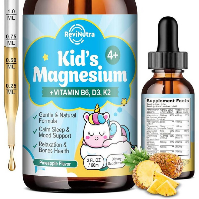 아동용 마그네슘 글리시네이트 액체 드롭 오메가-3 아쉬와간다 비타민 B6 D3 K2 칼슘 및 카모마일 함유 딸기 맛143696143696, 2 액량온스 (1팩), 파인애플, 1, 60ml