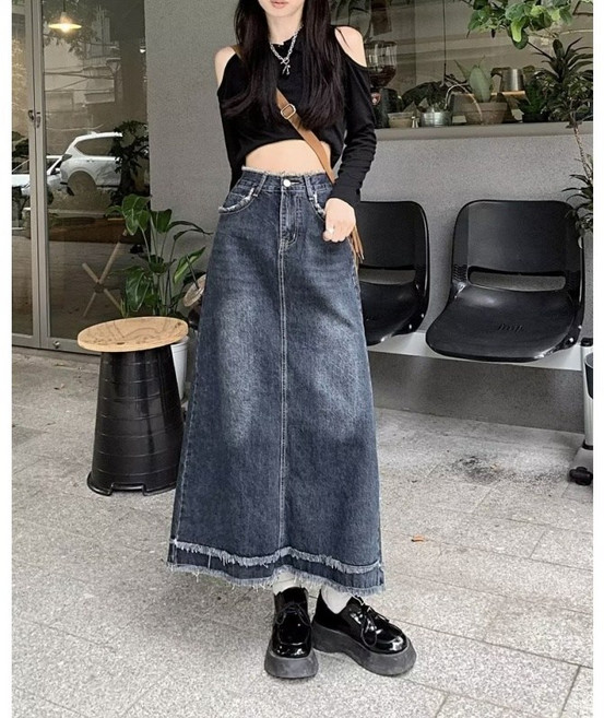 ZAJA 여성 하이웨스트 A라인 데님 스커트 캐주얼 롱 청치마