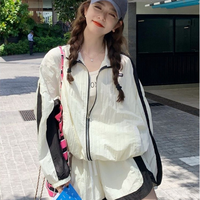 ANYOU 컬러블록 윈드브레이커 여성 투피스 세트 편한 캐주얼 스포츠웨어 데일리룩