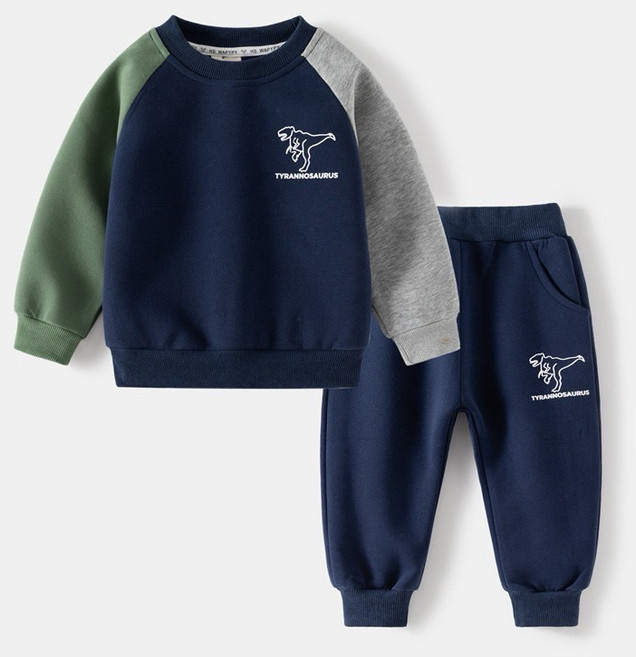 BabyBear 兒童長袖運動套裝 男童韓版拼接兩件套裝 深藍恐龍 100碼