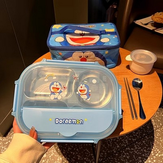 귀여운 캐릭터 스텐 보온 런치박스 도시락통+Integrated International Trade Co. Ltd 머리핀, 도라에몽+가방 1 번, 1개
