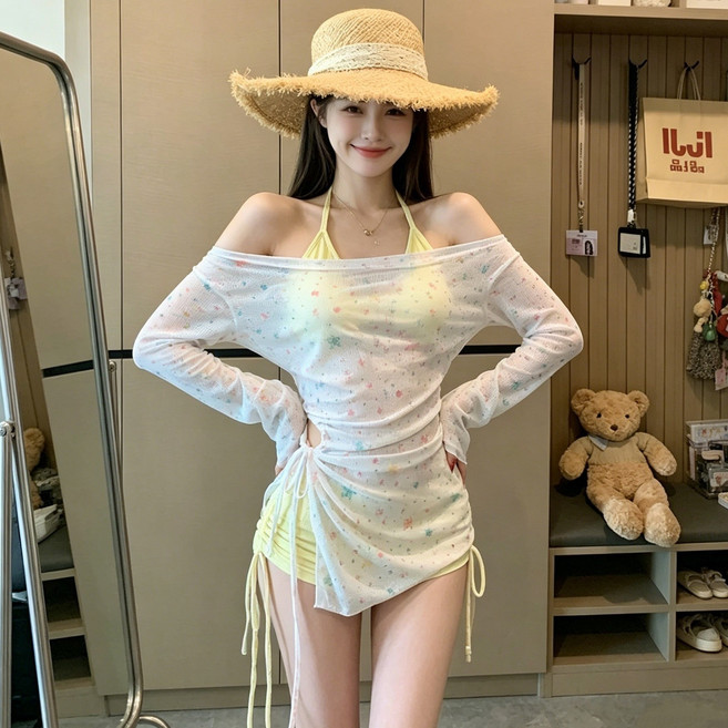 6위 - 여성 비키니 수영복 3피스 별패턴 커버업 홀터넥 체형커버 비치웨어 휴양지 바캉스 수영복, 옐로우