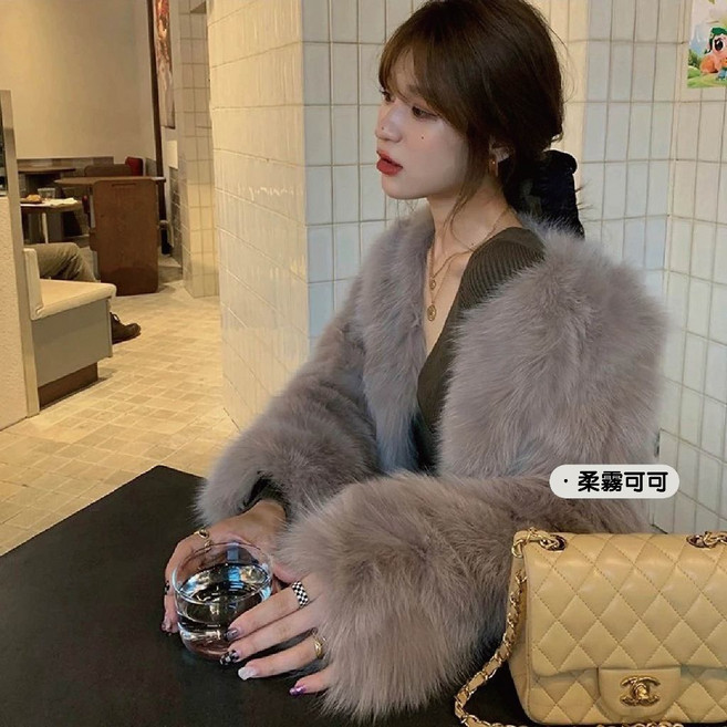 Helena 韓版毛絨皮草外套 仿狐狸毛短版上衣 典雅純色V領寬鬆休閒百搭開衫外套女