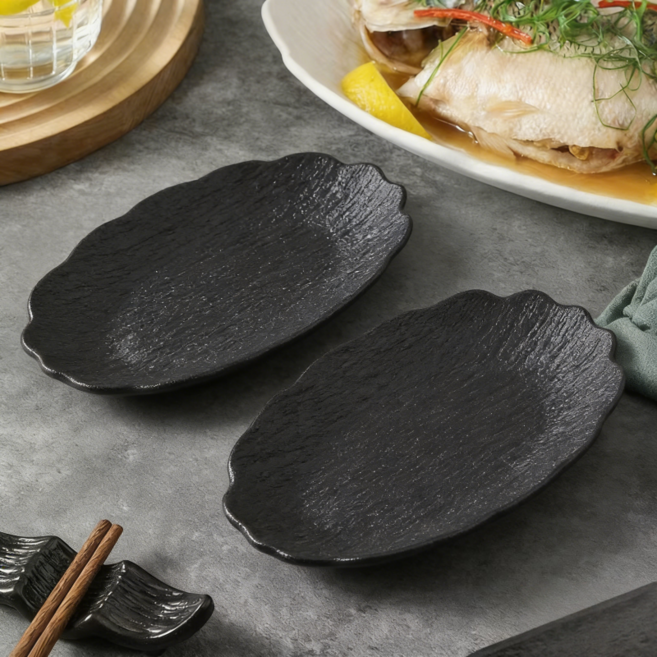 바위무늬 타원형 파스타 접시 생선접시 스시 접시 세트 30.5CM[신혼부부 선물추천], 블랙, 단품, 2개