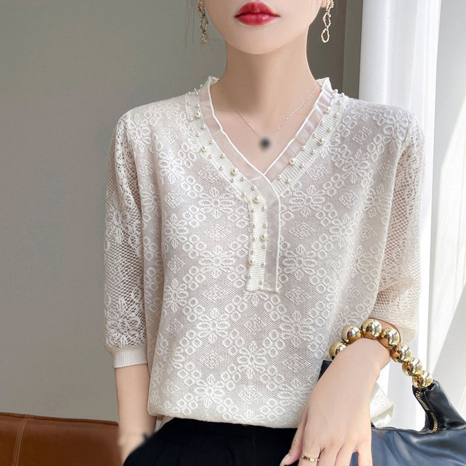 AOKADA 여성 레이셀 반팔 니트 브이넥 시스루 7부소매 메쉬 남방 블라우스