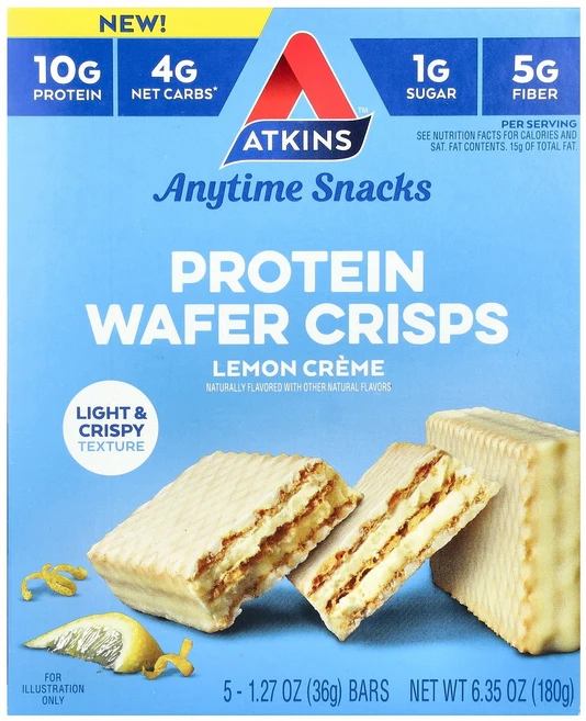 Atkins 언제든 즐길 수 있는 스낵 프로틴 웨이퍼 크리스프 레몬 크림 바 5개 각 36g(1.27oz) Atkins (앳킨스), Atkins, 언제든 즐길 수 있는 스낵, 프로틴 웨이, 36g, 1 - 쿠팡