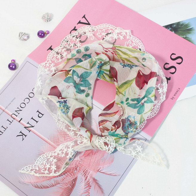 로튼 여름 행사 쁘띠 미니 레이스 삼각 스카프 여름 여성 플라워 꽃무늬 텐셀 8컬러