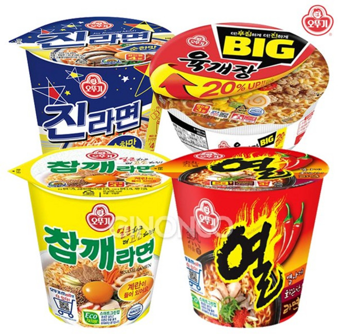 오뚜기 진라면(순한맛)+열라면+참깨라면+육개장 소컵x각1개씩 컵라면 세트, 1개