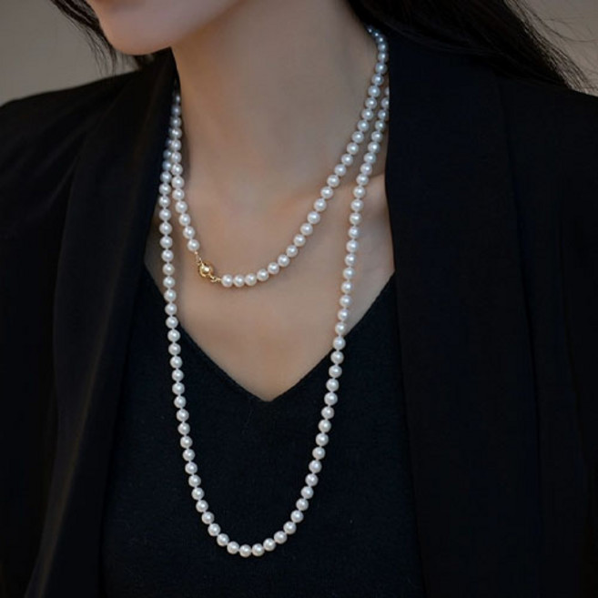 티큐 여성 골드볼 자석 레이어드 롱 드롭 진주 목걸이 A1842