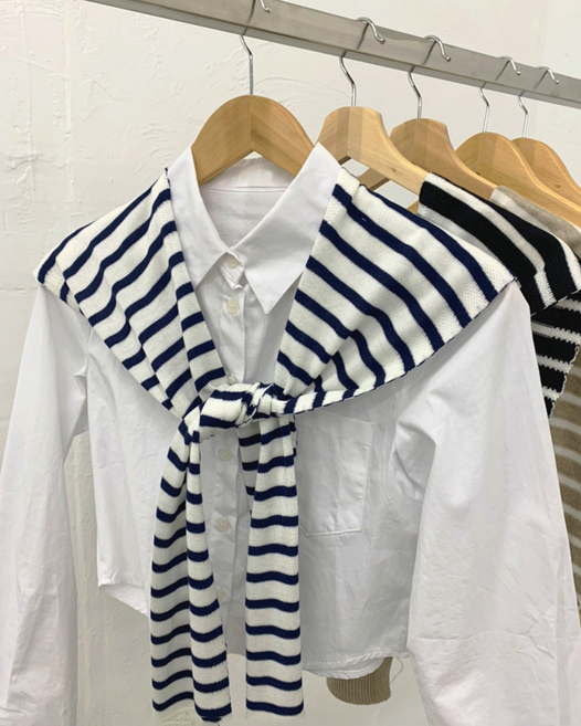 딘딘 스트라이프 단가라 어깨숄 머플러 페이크 가디건