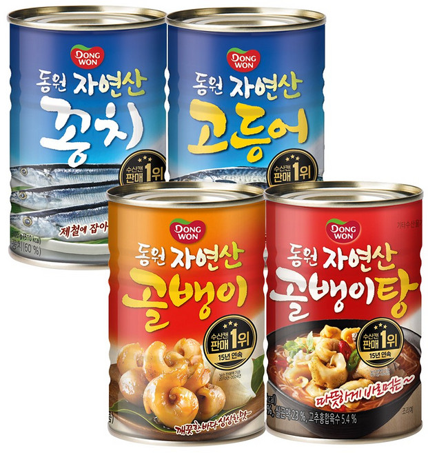 동원 수산캔 4종 (꽁치300g+고등어300g+자연산골뱅이300g+얼큰골뱅이탕300g), 1세트, 1.2kg