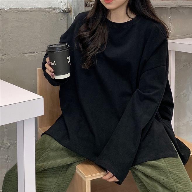 LADYSHARE 韓版開叉素色寬鬆長袖上衣 女裝 顯瘦百搭
