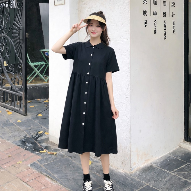 【梨卡】隔日到貨 女裝 洋裝 長裙 連身裙 翻領寬鬆 短袖連身裙 簡約長裙 HZ061, 長款 如圖色