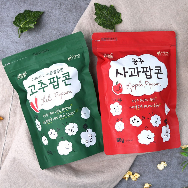 국내산 사과팝콘/우유팝콘/고추팝콘/복숭아팝콘 60g 버터팝콘 30g, 01.사과팝콘60gx3봉, 3개