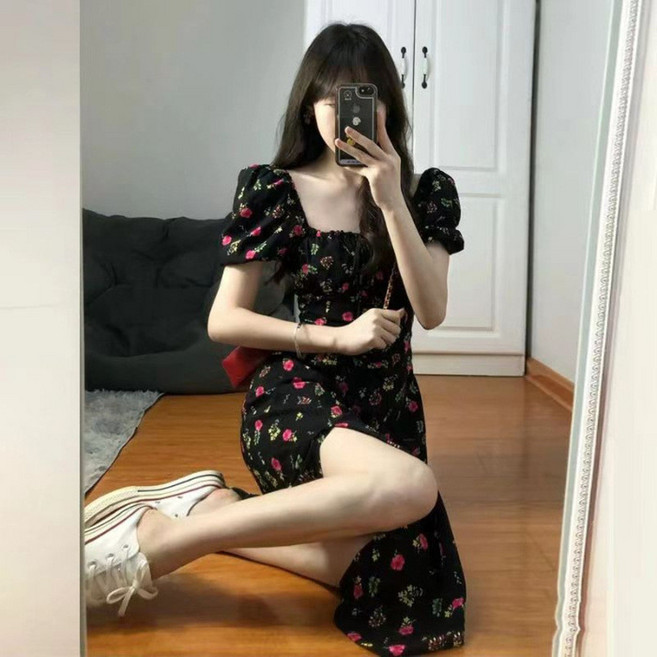 法式復古方領泡泡袖開叉黑色碎花連衣裙女夏新款, 黑色