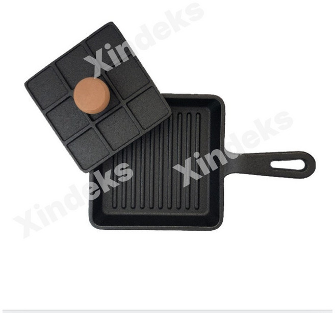 파니니팬 무쇠 샌드위치 주철 누름판 메이커 스테이크 토스트 메이커 프레스 그릴 후라이팬, 1개, 사각팬 16cm+사각 압력판 12cm, 12cm