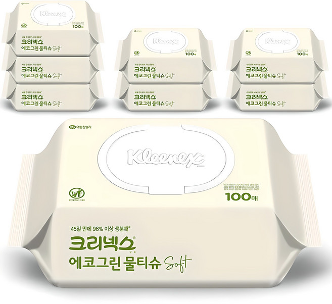 크리넥스 에코그린 소프트 물티슈 캡형, 100매입, 8개