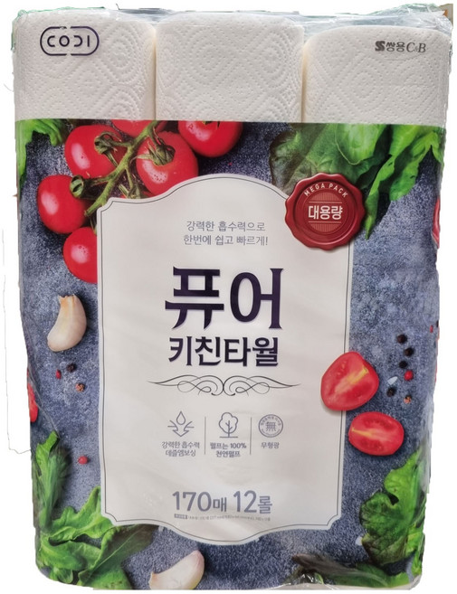 [트레이더스]코디 퓨어 키친타월 170매 2겹 키친타올, 1개, 12개입