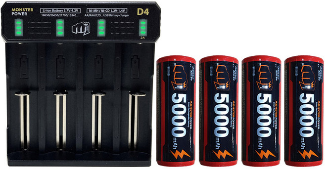 몬스터파워 26650 배터리 4개 4구 충전기 1개 세트 C타입 5000mAh
