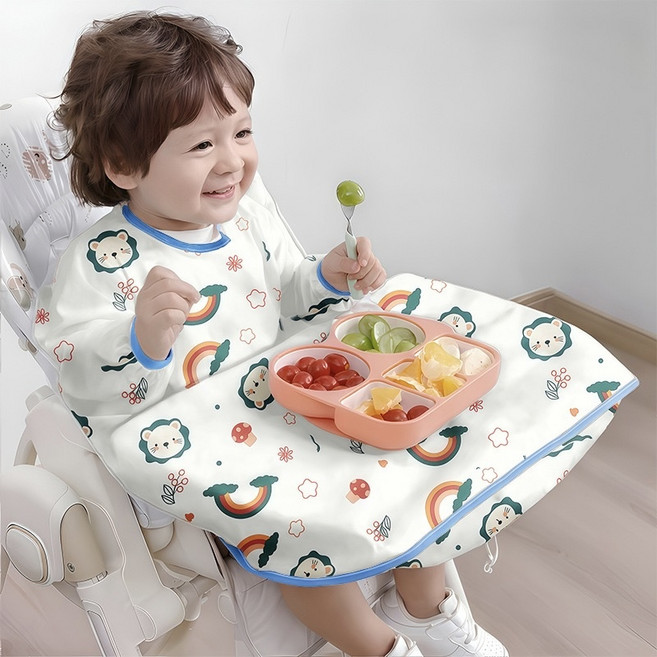 이유식 턱받이 긴팔 턱받이 아기 방수 턱받이 전신 커버 오염방지 어린이집 필수템, 1개, 1개입, 소프트 레인보우 애니멀